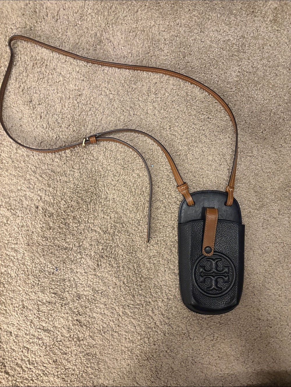 Tory Burch Black Pebbled Leather Crossbody Phone Pouch with Tan Strap